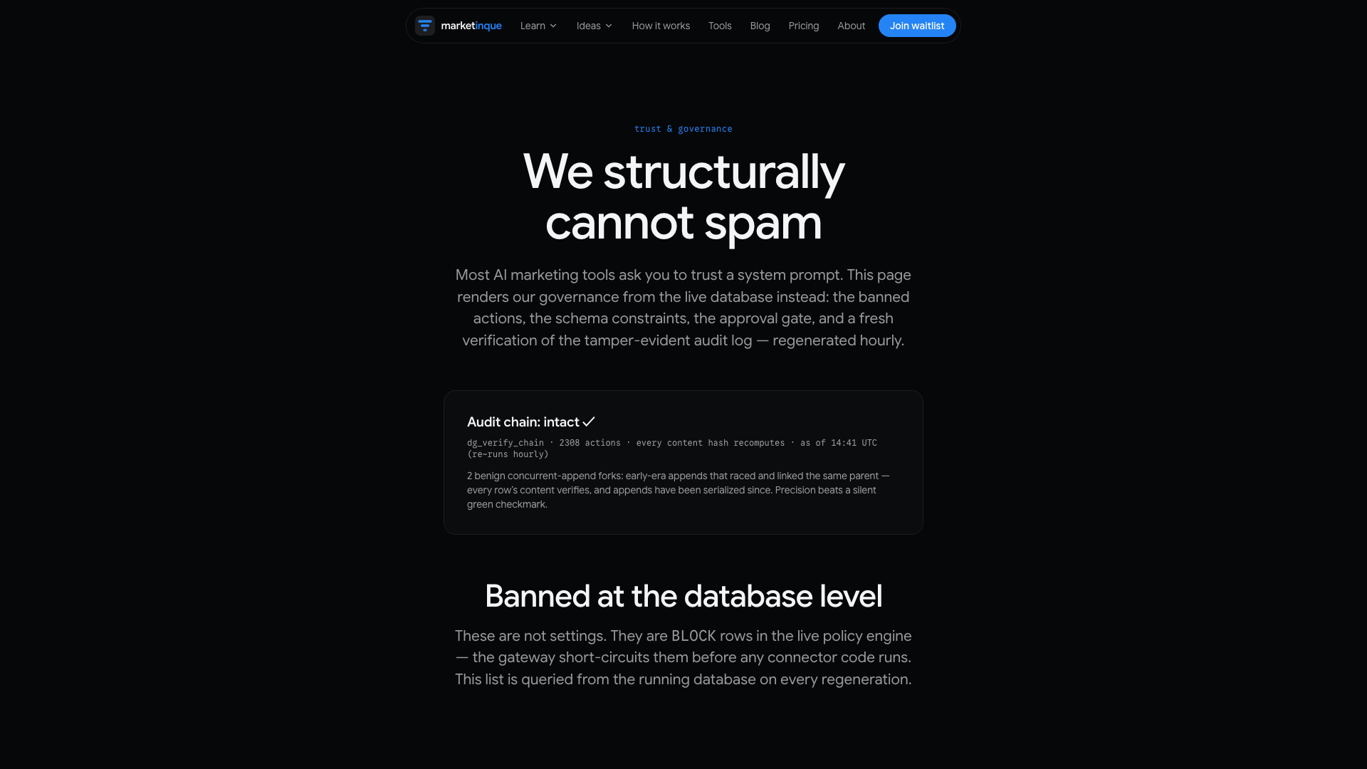 The marketinque trust page: the audit chain verified intact, and the actions banned at the database level